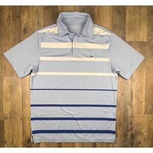 Vineyard Vines Blue Striped Polo Performance Active Small Whale Logo Preppy .